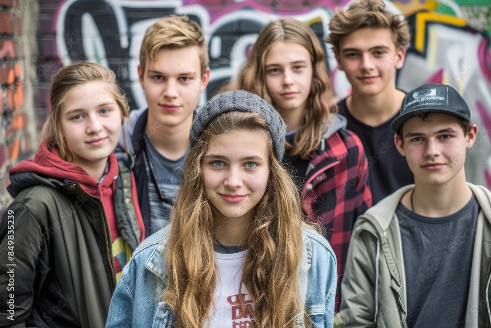 Group of teenagers posing in front of graffiti wall in a urban environment Group of teenagers posing in front of graffiti wall in a urban environment