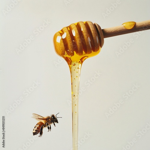 Honeybee hovering near wooden honey dipper with dripping golden honey. Nature and sustainability concept.