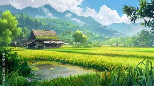 Wallpaper Mural Hut Asian Paddy Rice Field Agriculture Nature View Illustration which is very beautiful Torontodigital.ca