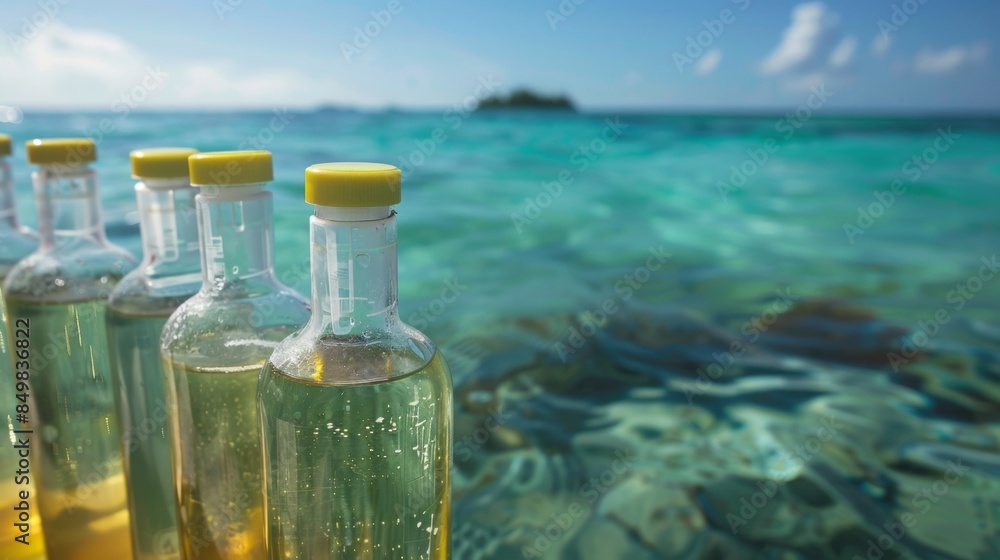 A research team analyzing water samples in a solarpowered lab at their station located on a tiny tropical island surrounded by shimmering turquoise waters. A research team analyzing water samples in a solarpowered lab at their station located on a tiny tropical island surrounded by shimmering turquoise waters.