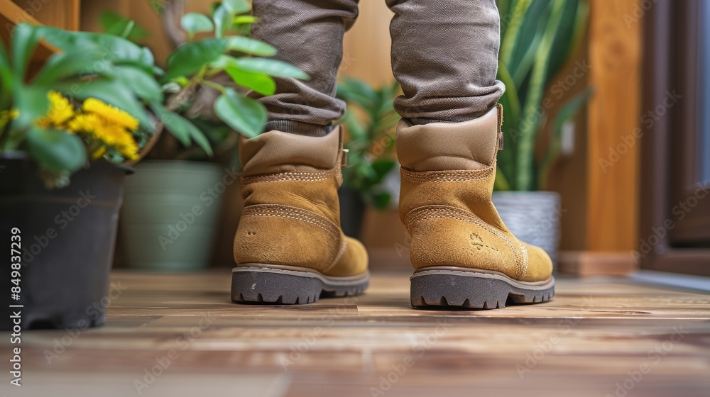 Close-up view of an individual wearing rugged brown boots with a wooden floor and indoor plants in the background, creating a cozy and rustic atmosphere Close-up view of an individual wearing rugged brown boots with a wooden floor and indoor plants in the background, creating a cozy and rustic atmosphere