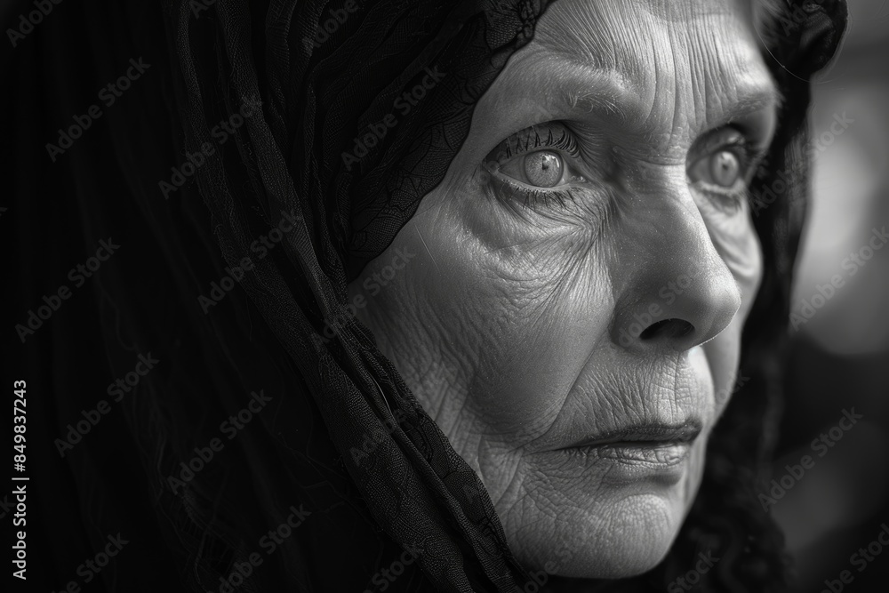 Striking Black and White Portrait of an Elderly Woman with Intense Expression and Fascinating Lines on Her Face Revealing Life's Stories Striking Black and White Portrait of an Elderly Woman with Intense Expression and Fascinating Lines on Her Face Revealing Life's Stories