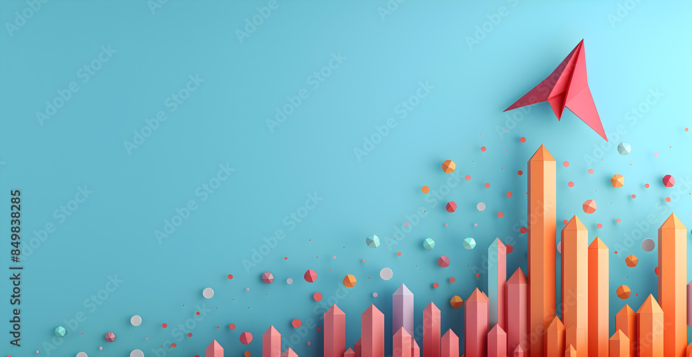 A colorful background with a red paper airplane flying over it A colorful background with a red paper airplane flying over it