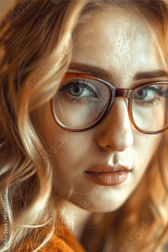 A close-up portrait of a young woman with wavy blonde hair, wearing round glasses and an orange attire, reflecting a serene and thoughtful expression
