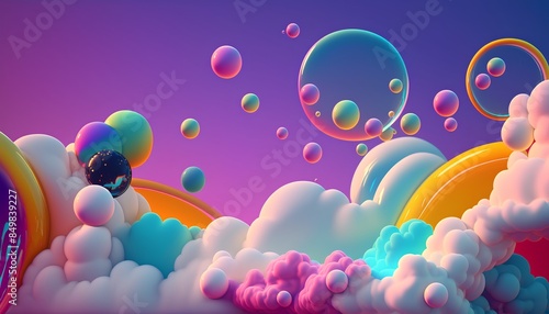 3d render of colorful background with clouds, sun and soap bubbles photo