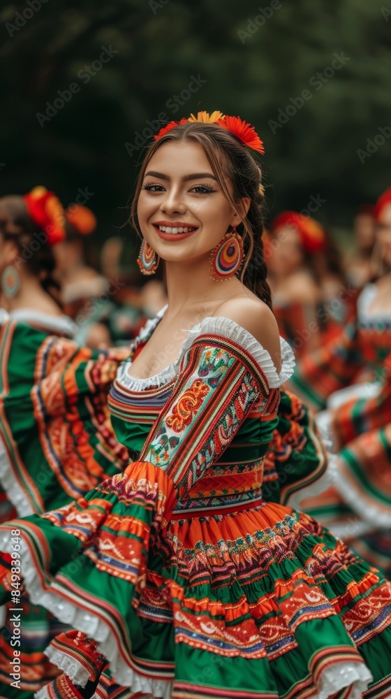 Fototapeta premium A young woman smiling joyfully while participating in a traditional festive cultural dance, wearing colorful and intricate traditional attire with vibrant patterns