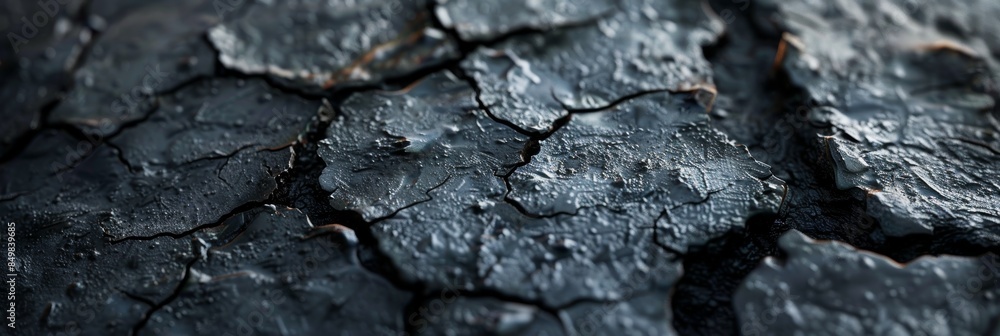 A highly detailed close-up view of cracked and textured dark rock or earth, showcasing the natural patterns and intricacies of geological formations