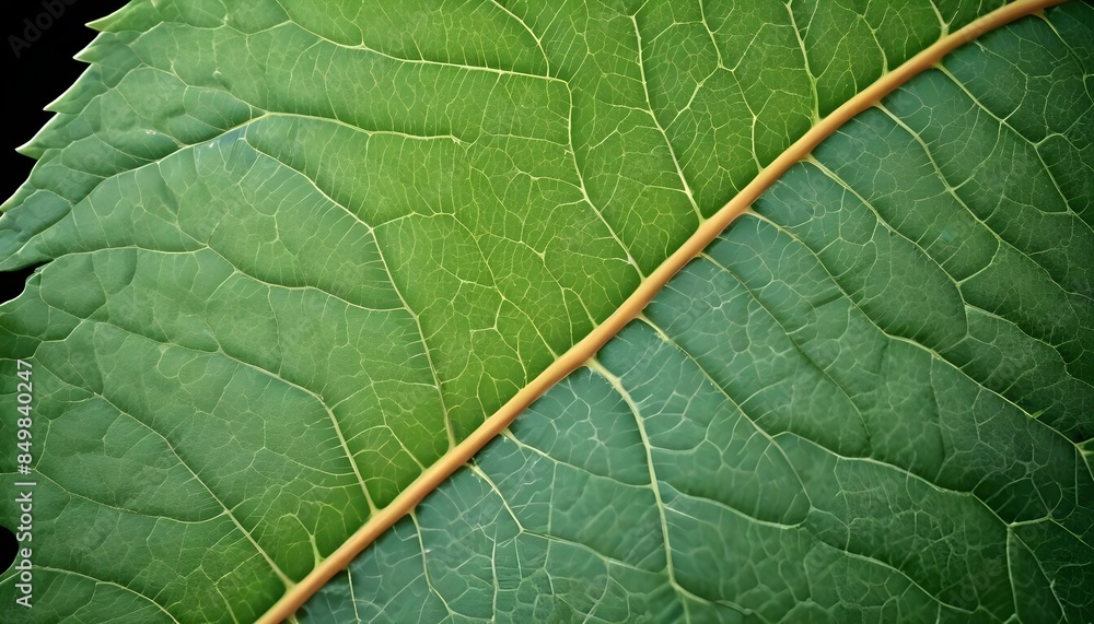 Fototapeta premium Tight close-up photograph emphasizing the intricate vein network and the rich, multilayered texture of a verdant green leaf