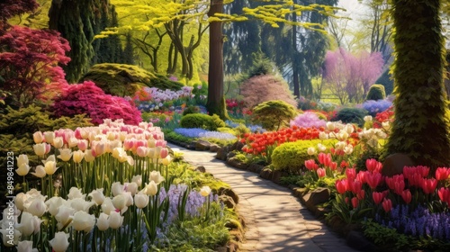 spring garden in full bloom,colorful flowers and lush greenery.  © CStock
