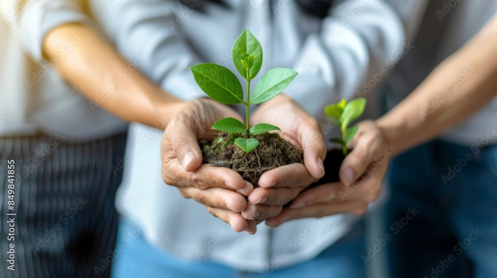 Business people hold plant together , ecology concept Business people hold plant together , ecology concept