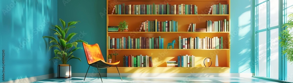 organized library flat design front view study environment theme 3D render Triadic Color Scheme organized library flat design front view study environment theme 3D render Triadic Color Scheme