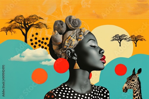 Minimal Collage Retro dreamy of african art portrait painting.