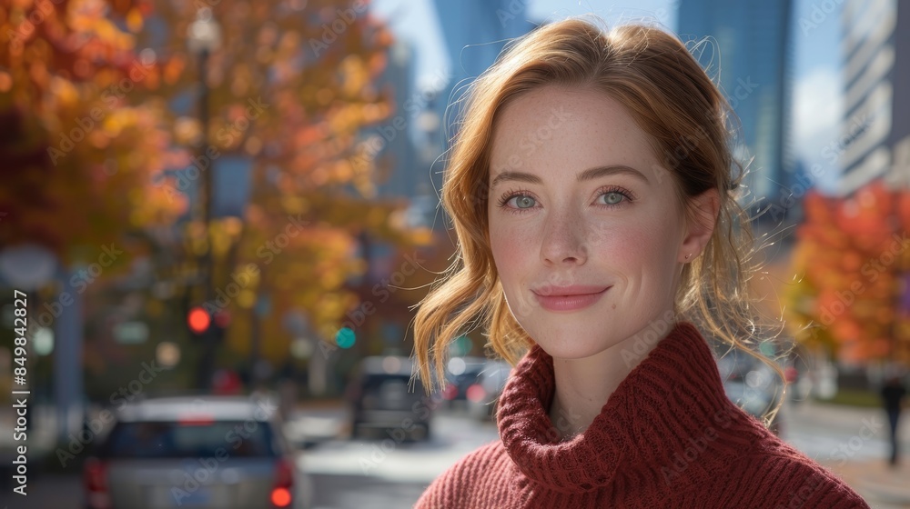 A serene city street in the heart of autumn forms the backdrop for a confident young woman strolling with a light-hearted expression A serene city street in the heart of autumn forms the backdrop for a confident young woman strolling with a light-hearted expression