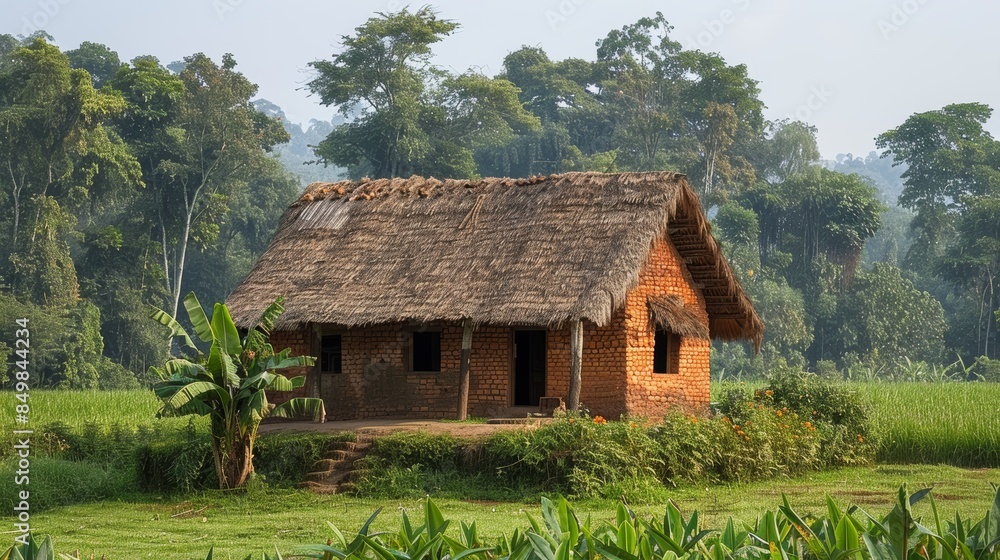 A traditional rural mud-brick house with a thatched roof surrounded by lush green vegetation and tall trees, showcasing the peaceful countryside living A traditional rural mud-brick house with a thatched roof surrounded by lush green vegetation and tall trees, showcasing the peaceful countryside living