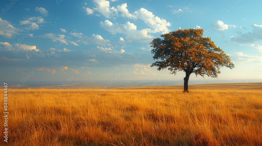 A single tree stands majestically in the middle of an expansive golden field under a vibrant, blue sky dotted with white clouds on a peaceful day