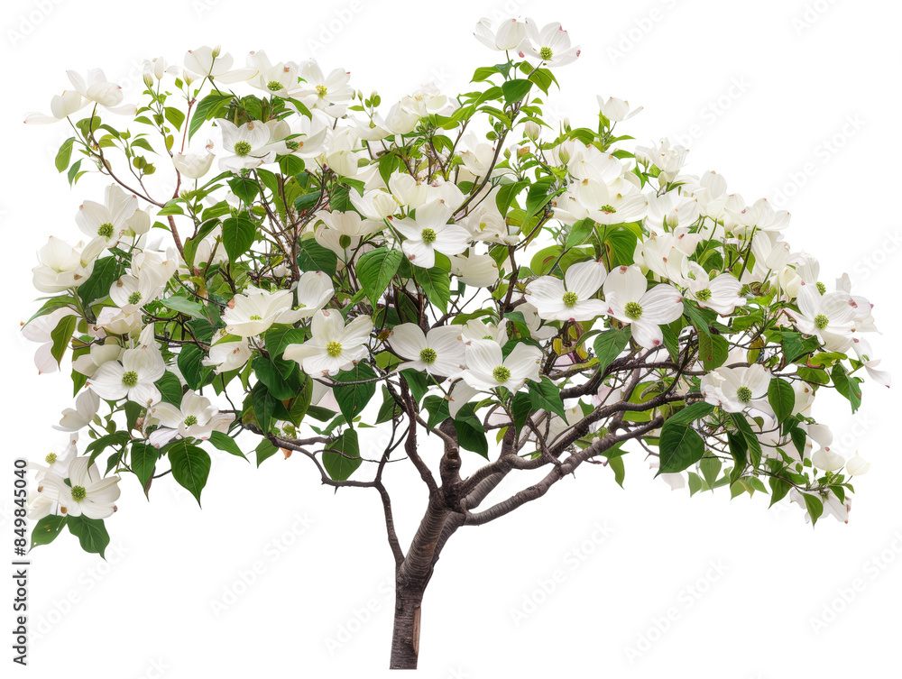 Obraz premium A blooming dogwood tree with white flowers in full bloom, isolated on a white background.