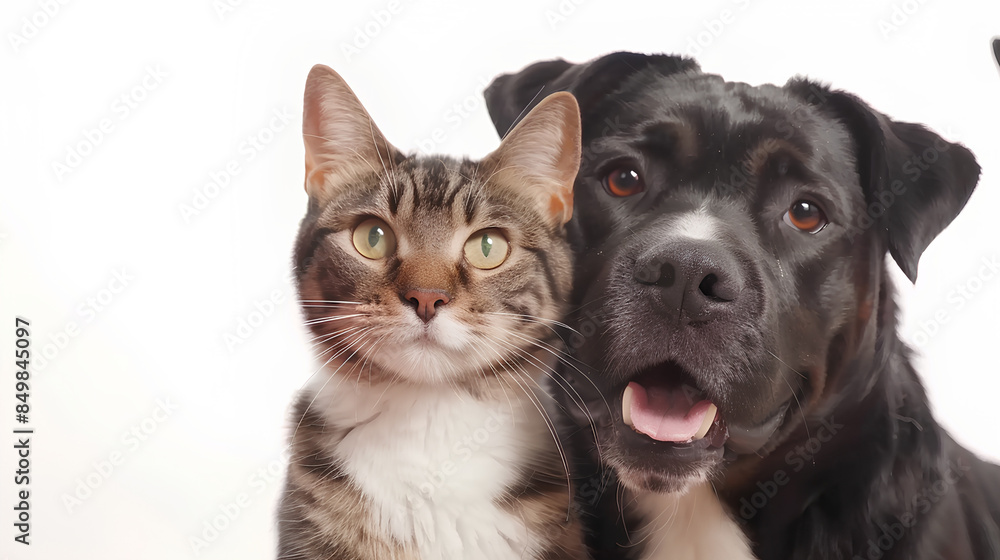 Portrait of Happy dog and cat that looking at the camera together isolated on white background, friendship between dog and cat, amazing friendliness of the pets Portrait of Happy dog and cat that looking at the camera together isolated on white background, friendship between dog and cat, amazing friendliness of the pets
