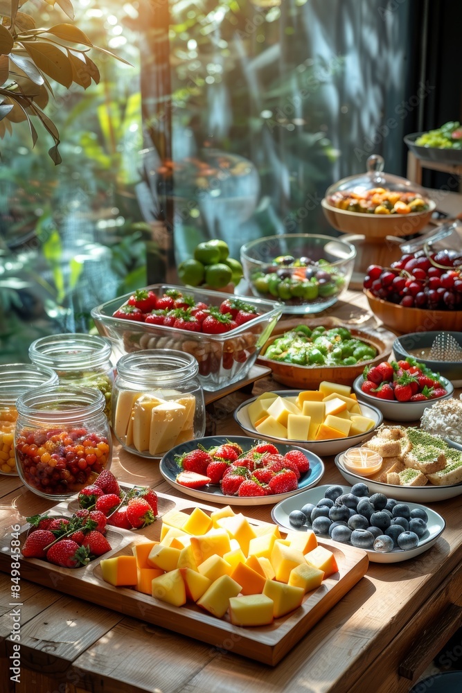 A delightful and colorful buffet spread featuring various fruits, cheeses, and snacks arranged on a wooden table with sunlight streaming in through a window A delightful and colorful buffet spread featuring various fruits, cheeses, and snacks arranged on a wooden table with sunlight streaming in through a window