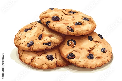 A View of 32-bit Oatmeal Raisin Cookies, in a vector cartoon style, isolated white background photo