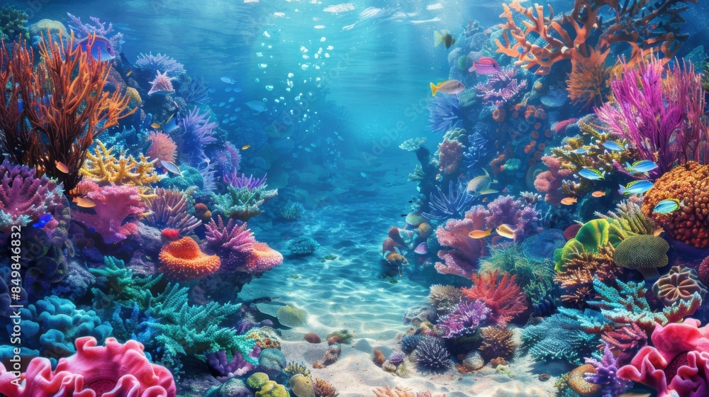 A colorful underwater scene with a variety of fish and coral A colorful underwater scene with a variety of fish and coral