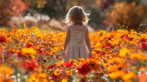 Little girl in white summer dress walking through a vibrant field of orange and red wildflowers on a sunny autumn day enjoying nature