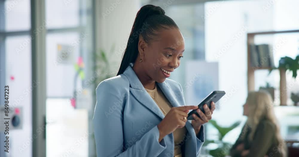 Black woman, smartphone and surprise in office with laugh on social media with funny joke or video with browsing. Wow, comedy and good news in workplace with shock, wow and notification in Germany. Black woman, smartphone and surprise in office with laugh on social media with funny joke or video with browsing. Wow, comedy and good news in workplace with shock, wow and notification in Germany.