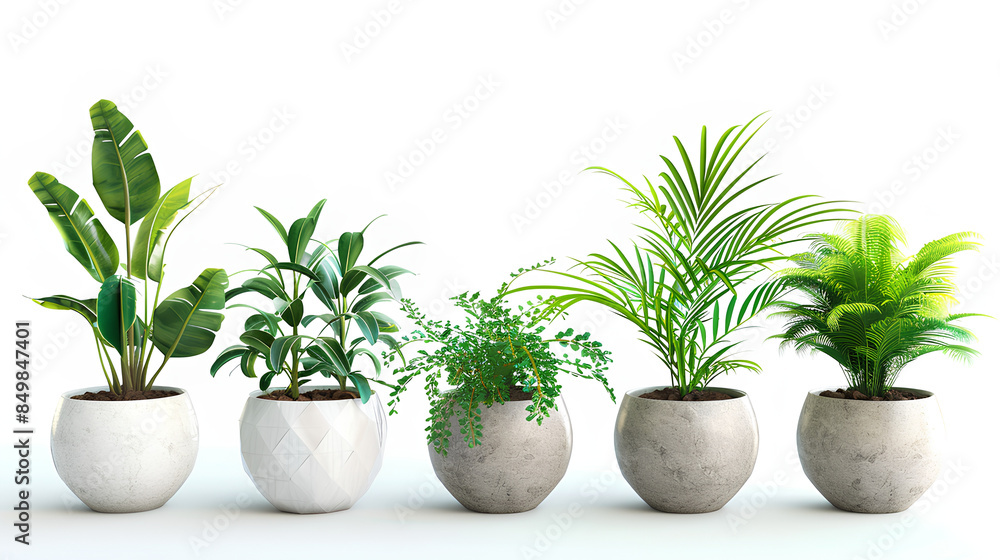 Set of Green plants in potted for interior decoration isolated on white background, Houseplant for decorated in bedroom or living room, minimal natural health concept Set of Green plants in potted for interior decoration isolated on white background, Houseplant for decorated in bedroom or living room, minimal natural health concept