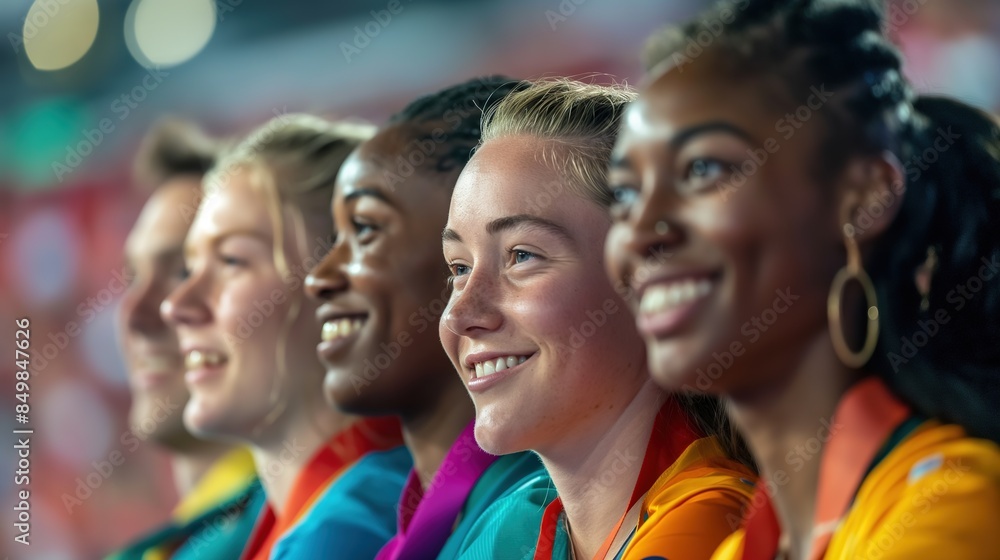 Smiling Female Athletes Wearing Medals at Evening Sporting Event Smiling Female Athletes Wearing Medals at Evening Sporting Event
