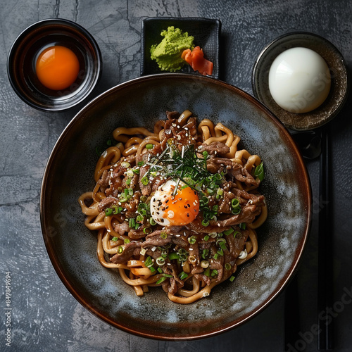 The Exquisite Gyudon Bowl Photography: Showcasing the Flavors of Japanese Cuisine. Perfect for use in restaurant menus, food blogs, culinary magazines, and promotional materials. photo