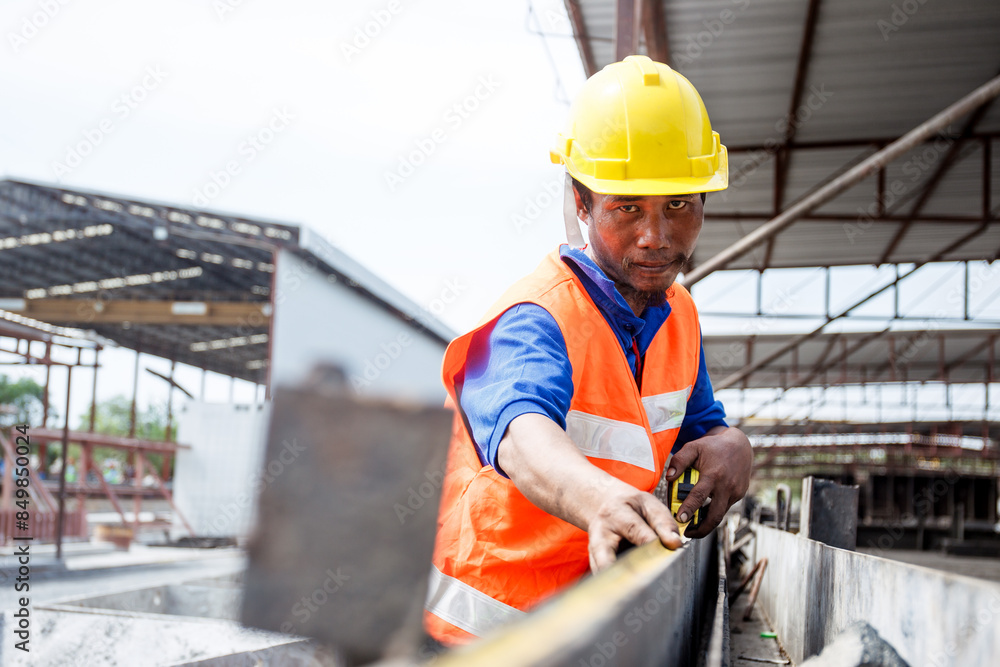 Construction engineer using measuring tape to measure a concrete bar. Construction engineer using measuring tape to measure a concrete bar.