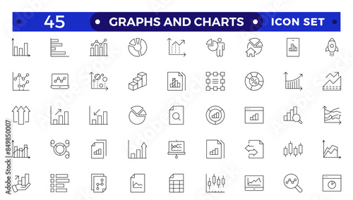 Growing bar graph icon set. Business graphs and charts icons. Statistics and analytics  Outline icon. Statistic and data, charts diagrams, money, down or up arrow.