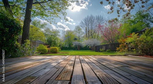 A serene garden scene featuring a wooden deck with white railings and lush greenery in the background.