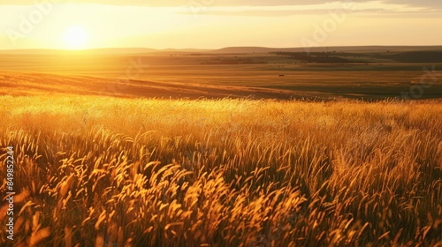 Endless prairie landscape bathed in the warm, golden light of a setting sun AI generated