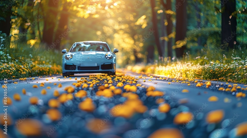 A Grey Sports Car on a Sunny Forest Road A Grey Sports Car on a Sunny Forest Road