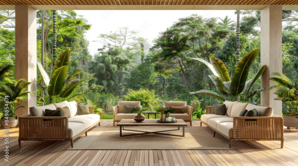 Fototapeta premium Outdoor Living room with nature scenery view for rest and relax decorate with modern furniture, cozy home decor , outdoor, nature