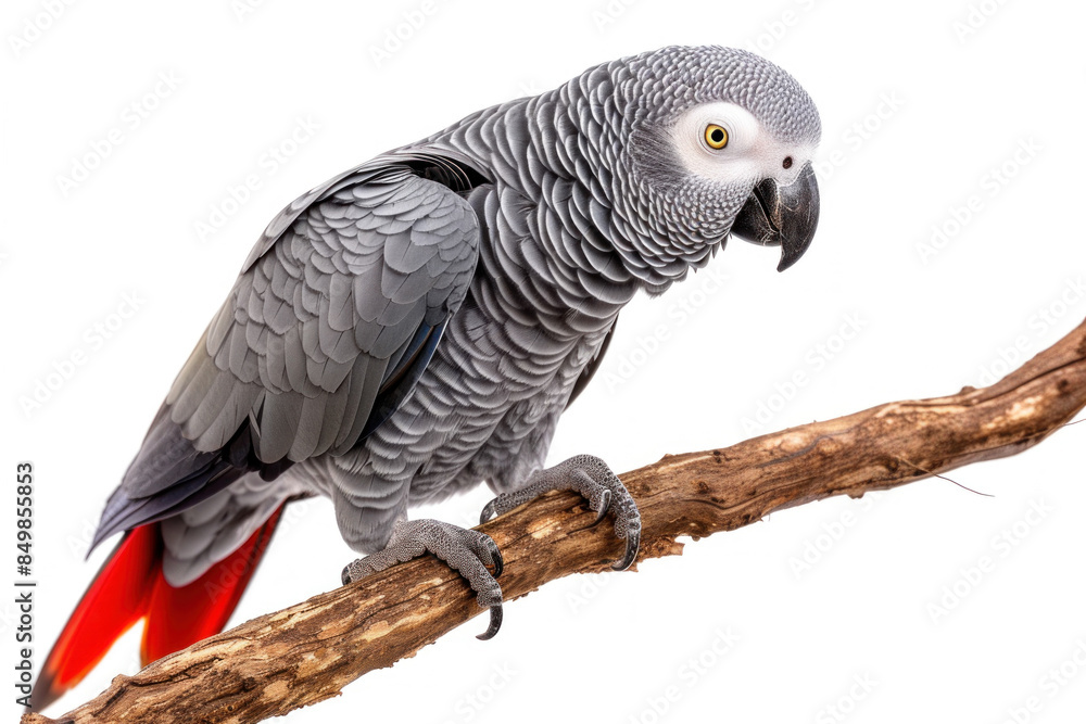 Obraz premium Portrait of an African Grey Parrot perched on a branch, showcasing its intelligence and striking features.