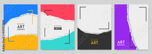 Vector illustration. Torn paper effect. Color banner collection. Design element for poster, invitation, layout, magazine, coupon, book cover. Decorative art. A4 size overlay with 3d shadow effect