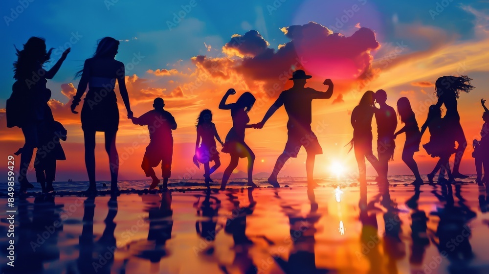 Young people dancing, sea summer party siluette sunset, summer concept Young people dancing, sea summer party siluette sunset, summer concept