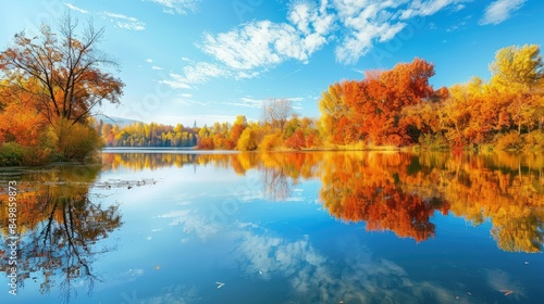 Still lake reflecting vibrant autumn trees and a clear blue sky AI generated