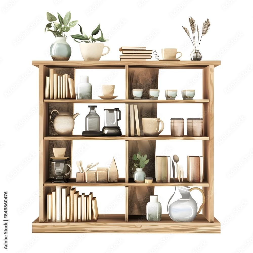 Beautifully Styled Wooden Bookshelf with Coffee Shop Elements, Watercolor of Cozy and Inviting Home or Office Decor Beautifully Styled Wooden Bookshelf with Coffee Shop Elements, Watercolor of Cozy and Inviting Home or Office Decor