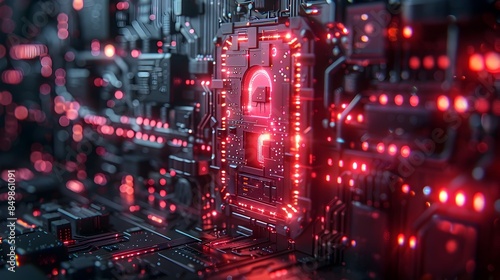 Cracked 3D Digital Lock Surrounded by Neon Lights and Leaking Data,Symbolizing Cybersecurity Breach © yelosole