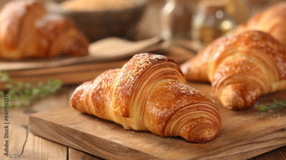 Freshly baked croissants on a wooden table Freshly baked croissants on a wooden table