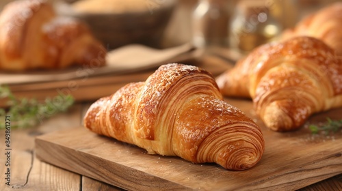 Freshly baked croissants on a wooden table