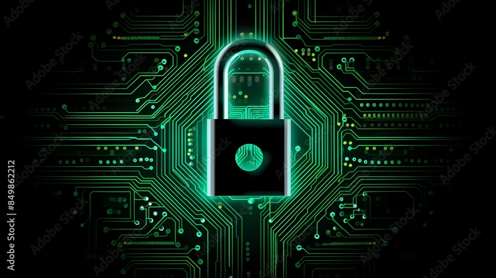 Fototapeta premium Digital Lock with Green Circuits - Cybersecurity Technology Element,Vector