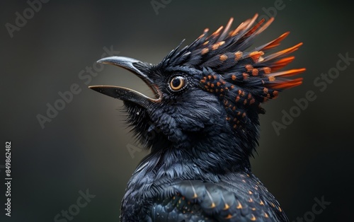 The image features a black bird with an orange crest. photo