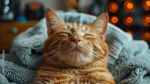 A serene ginger cat appears to be smiling, basking in the comfort of a soft, snug blanket