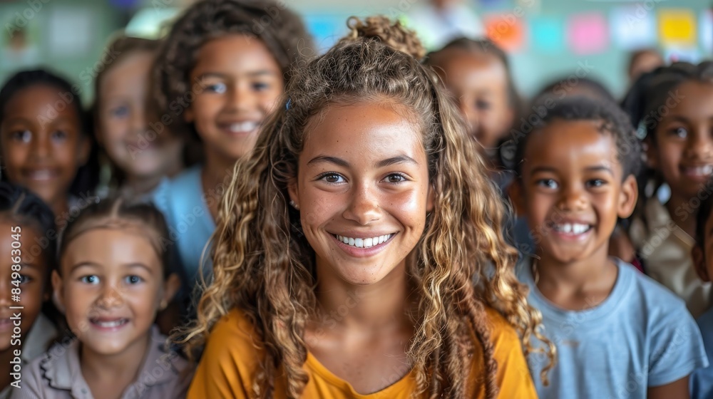 A diverse group of happy students with one girl standing out, smiling brightly at the camera A diverse group of happy students with one girl standing out, smiling brightly at the camera