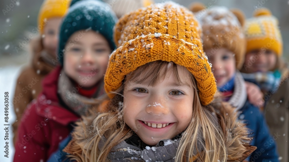 A happy child with a snowflaked face wearing a yellow hat and winter gear, radiating winter fun A happy child with a snowflaked face wearing a yellow hat and winter gear, radiating winter fun
