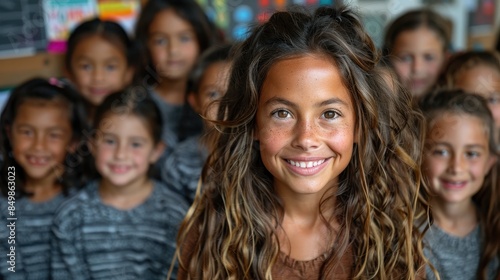 Portrait of a youthful girl smiling with a group of friends in a classroom setting, radiating confidence