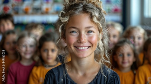 A bright young girl in yellow smiling with her classmates blurred in the background, showing collaboration